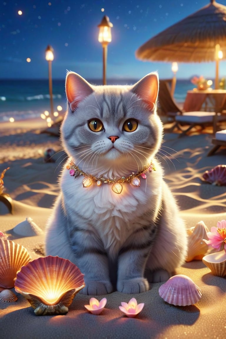 we see the DETAILED enchanted lovely terrace on the beach with great view to the sea night time, DETAILED ENCHANTED fluffy tiny FUNNY BRITISH SHORTHAIR CAT sitting on the beach next to an enchanted flower and a magical opened shell, airborne dust particles around. Modifiers: Unreal Engine, magical, Coby Whitmore, midjourney, Astounding, outstanding, otherwordliness, cute illustration, cuteaesthetic, Coby Whitmore style, highly intricate, whimsical, 4K 3D, stunning color depth, cute illustration, Coby Whitmore ART style

