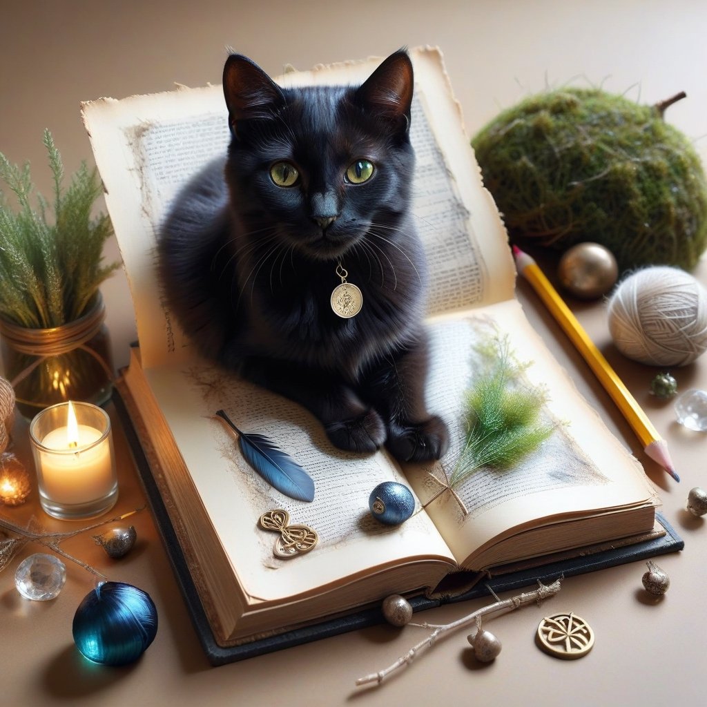 ((ultra realistic photo)), artistic sketch art, Make a little pencil sketch of a CUTE BLACK CAT on an old TORN EDGE BOOK PAGE , art, textures, pure perfection, high definition, feather around, DELICATE FLOWERS, ball of yarn, SHINY COIN, grass fiber on the paper, LITTLE MOON, MOONLIGHT, TINY MUSHROOM, SPIDERWEB, CRYSTAL, MOSS FIBER , TEALIGHT, DELICATE CELTIC ORNAMENT, BUNCH OF KEYS, detailed calligraphy text, tiny delicate drawings,BookScenic