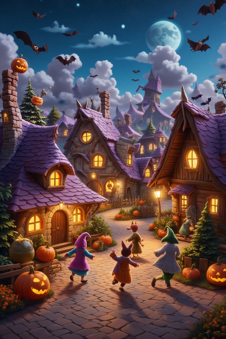 In a detailed, perspective view of Grinch’s village, we see a lively, fun Halloween makeover. The whimsical crooked rooftops are covered in glowing jack-o’-lanterns, friendly ghosts, and fun cobwebs. Cheerful pumpkins line the streets, and the village square has been transformed into a festive Halloween scene with a pumpkin contest. Bats flutter playfully around the rooftops, and the air is filled with laughter and excitement. The transformation is full of whimsical charm, bringing a fun, light-hearted Halloween energy to the village..The village is alive with festive Halloween cheer, and kids dressed in costumes run around with excitement. The atmosphere is filled with laughter and lighthearted Halloween spirit.,