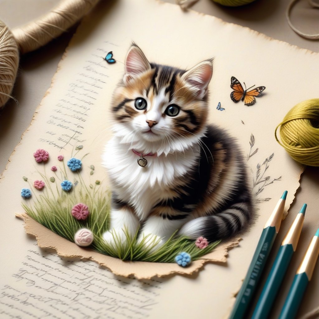 ((ultra realistic photo)), artistic sketch art, Make a little pencil sketch of a cute CAT on an old TORN EDGE paper , art, textures, pure perfection, high definition, feather around, TINY DELICATE FLOWERS, ball of yarn, cushion, grass fiber on the paper,tiny yarn fibers, Sunbeam, butterfly, tiny cat toys, detailed calligraphy texts, tiny delicate drawings