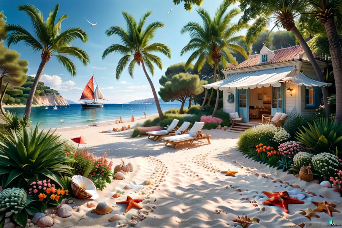 A serene NIzza beach scene unfolds before us. Little apartman house with terrace. Soft white sand stretches beneath the ge...
