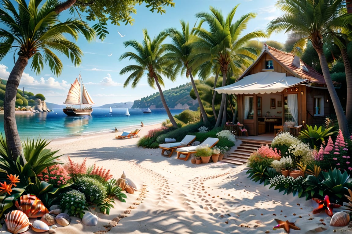 A serene NIzza beach scene unfolds before us. Little apartman house with terrace. Soft white sand stretches beneath the ge...