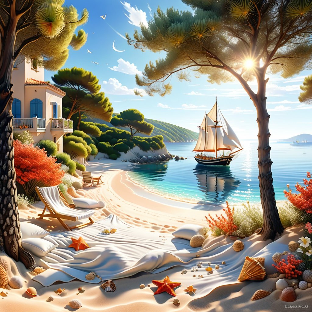 A serene NIzza beach scene unfolds before us. Little apartman house with terrace. Soft white sand stretches beneath the gentle sway of trees, while a family plays and laughs together and sunbathe. In the distance, a majestic sailing ship glides across the calm sea, its sails billowing in the breeze. Blankets scatter the shore, topped with tiny treasures: delicate sea-shells and starfish. The highly detailed landscape, reminiscent of Jean-Jacques Sempé's whimsical illustrations from Petit Nicolas, comes to life in PASTEL SHADES.,3D, score_9_up,3d toon style,realistic,LegendDarkFantasy