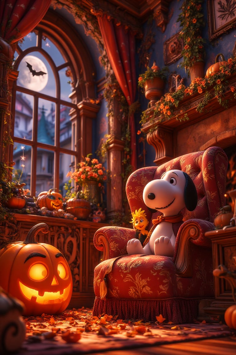 
A close-up picture of a cozy corner of a shabby-style magical living room, the living room every detail is decked out for Halloween night, features a large armchair next to a warm fireplace, a Halloween jack-o'-lantern next to the fireplace . Snoopy and Woodstock bird sits in the chair. The room sparkles with Halloween decorations, and moonlight filters through the window, with the moon appearing from behind the snow clouds. A sleeping bat hangs from the mantelpiece, adding a playful Halloween charm to the warm, lighthearted atmosphere.