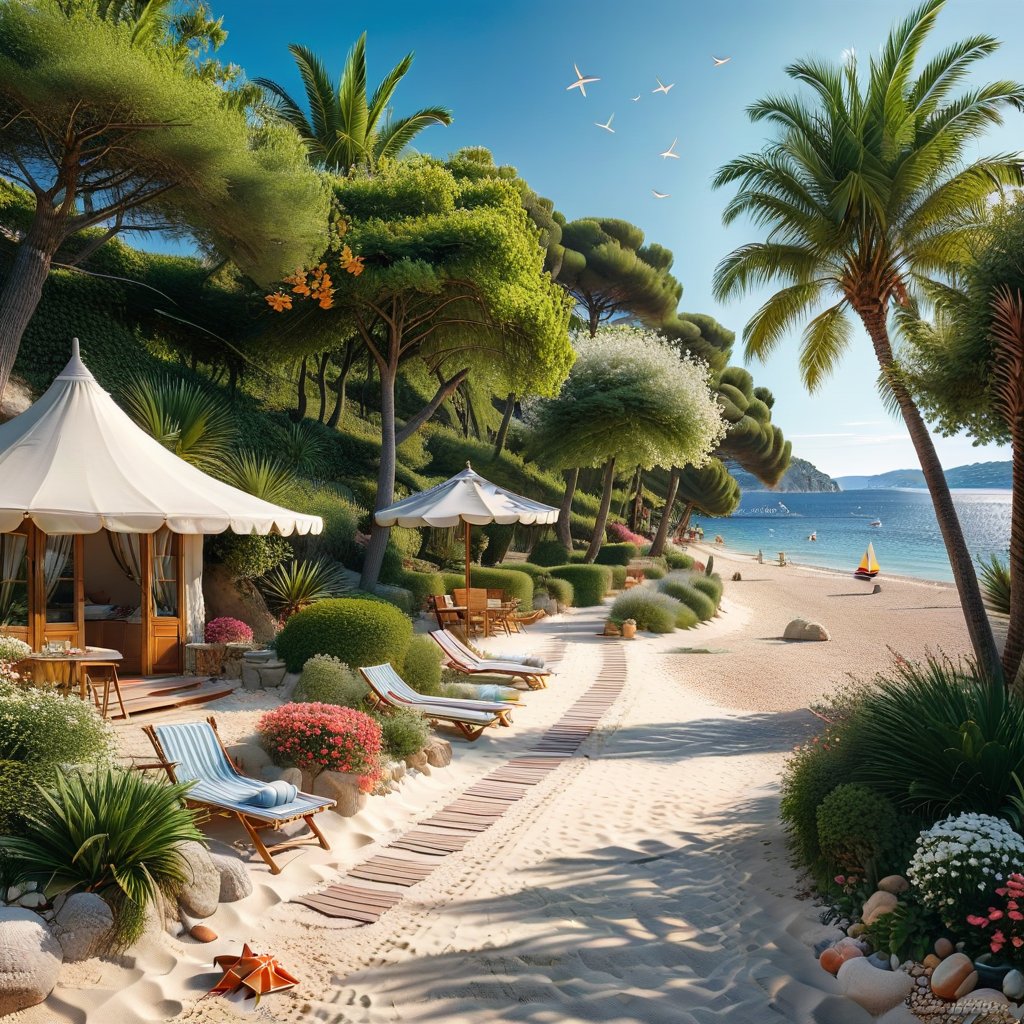 A serene NIzza beach scene unfolds before us. Little apartman house with terrace. Soft white sand stretches beneath the ge...