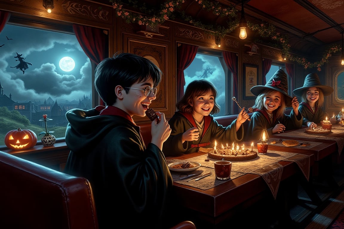 Inside Harry Potter’s charmingly antique train cabin, 10-year-old Harry and his three friends sit cheerfully munching on chocolate, their faces smudged with traces of sweets. They wear robes and wizard hats, with wands that spin glowing magic dust around them. The cabin is filled with Halloween decorations in unexpected spots, creating a playful atmosphere. Outside the cabin window, a cloudy landscape passes by, with a small witch flying away into the moonlight, adding a whimsical touch to the festive, magical scene, lively magical Halloween atmosphere all over the detailed train cabin.