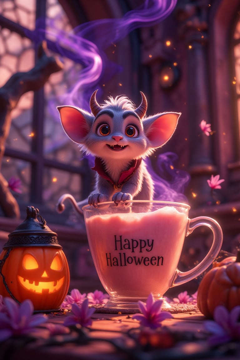 
A close-up picture of a  sitting on the rim of a glass cup is a tiny miniature, adorable creature with big ears, fluffy fur, and two little horns, resembling a devil in the sweetest way. Its forked tail curls playfully, and its short legs just touch the surface of the drink, which is transparent like milk smog, with a purple-tinged mist swirling high above it. Beside the glass, a decorative miniature Halloween pumpkin lantern glows softly on the Halloween decorated table, casting a warm light on the creature and the cup and adding a festive, magical atmosphere to the scene.  the cup labelled with the text "Happy Halloween!" The open air is filled with dust particles that twinkle in the starry moonlight, creating a magical ambiance. The creature’s fur is exquisitely detailed, and its playful nature is evident as it seems captivated . The overall scene is whimsical, serene, and full of enchantment.