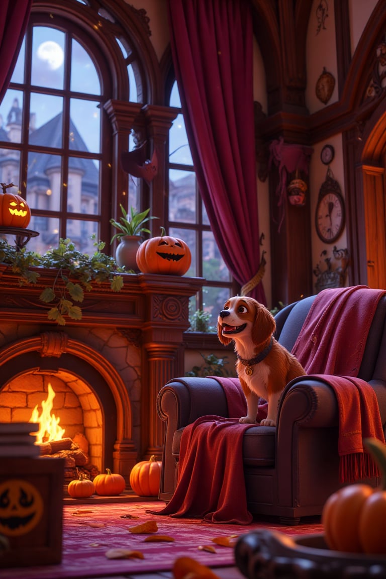 
A close-up picture of a cozy corner of a shabby-style magical living room, the living room every detail is decked out for Halloween night, features a large armchair next to a warm fireplace, a Halloween jack-o'-lantern next to the fireplace . A happy puppy sits in the chair. The room sparkles with Halloween decorations, and moonlight filters through the window, with the moon appearing from behind the snow clouds. A sleeping bat hangs from the mantelpiece, adding a playful Halloween charm to the warm, lighthearted atmosphere.