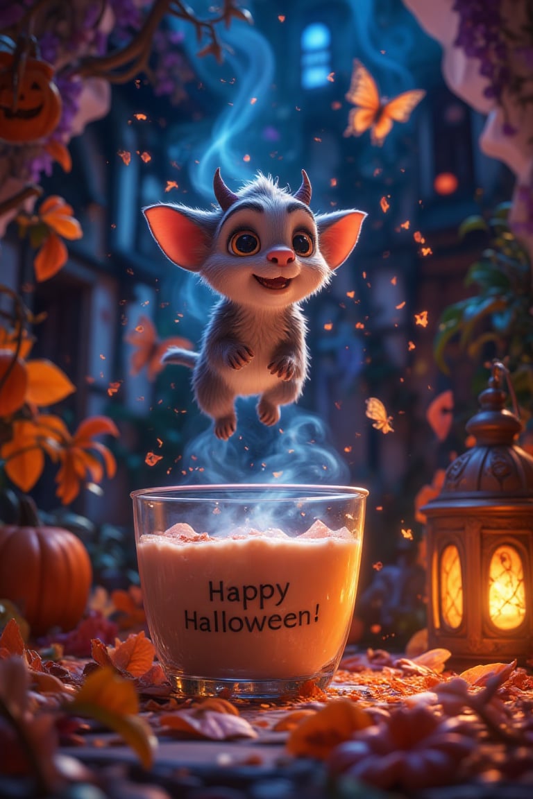 
A close-up picture of a levitate above a glass cup is a tiny miniature, adorable tiny creature with big ears, fluffy fur, and two little horns, resembling a devil in the sweetest way. Its forked tail curls playfully, and its short legs just touch the surface of the drink, which is transparent like milk smog, with a azure blue-tinged mist swirling high above it. Beside the glass, a decorative miniature Halloween pumpkin lantern glows softly on the Halloween decorated table, casting a warm light on the creature and the cup and adding a festive, magical atmosphere to the scene.  the cup labelled with the text "Happy Halloween!" The open air is filled with dust particles that twinkles in the starry moonlight, creating a magical ambiance. The creature’s fur is exquisitely detailed, and its playful nature is evident as it seems captivated . The overall scene is whimsical, serene, and full of enchantment.