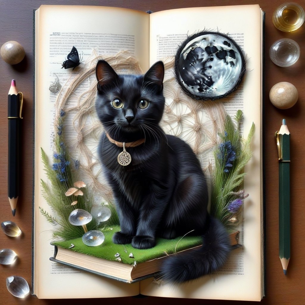 ((ultra realistic photo)), artistic sketch art, Make a little pencil sketch of a CUTE BLACK CAT on an old TORN EDGE BOOK PAGE , art, textures, pure perfection, high definition, feather around, DELICATE FLOWERS, ball of yarn, SHINY COIN, grass fiber on the paper, LITTLE MOON, MOONLIGHT, TINY MUSHROOM, SPIDERWEB, CRYSTAL, MOSS FIBER, TEA LEAF , TEALIGHT, DELICATE CELTIC ORNAMENT, BUNCH OF KEYS, detailed calligraphy text, tiny delicate drawings,BookScenic