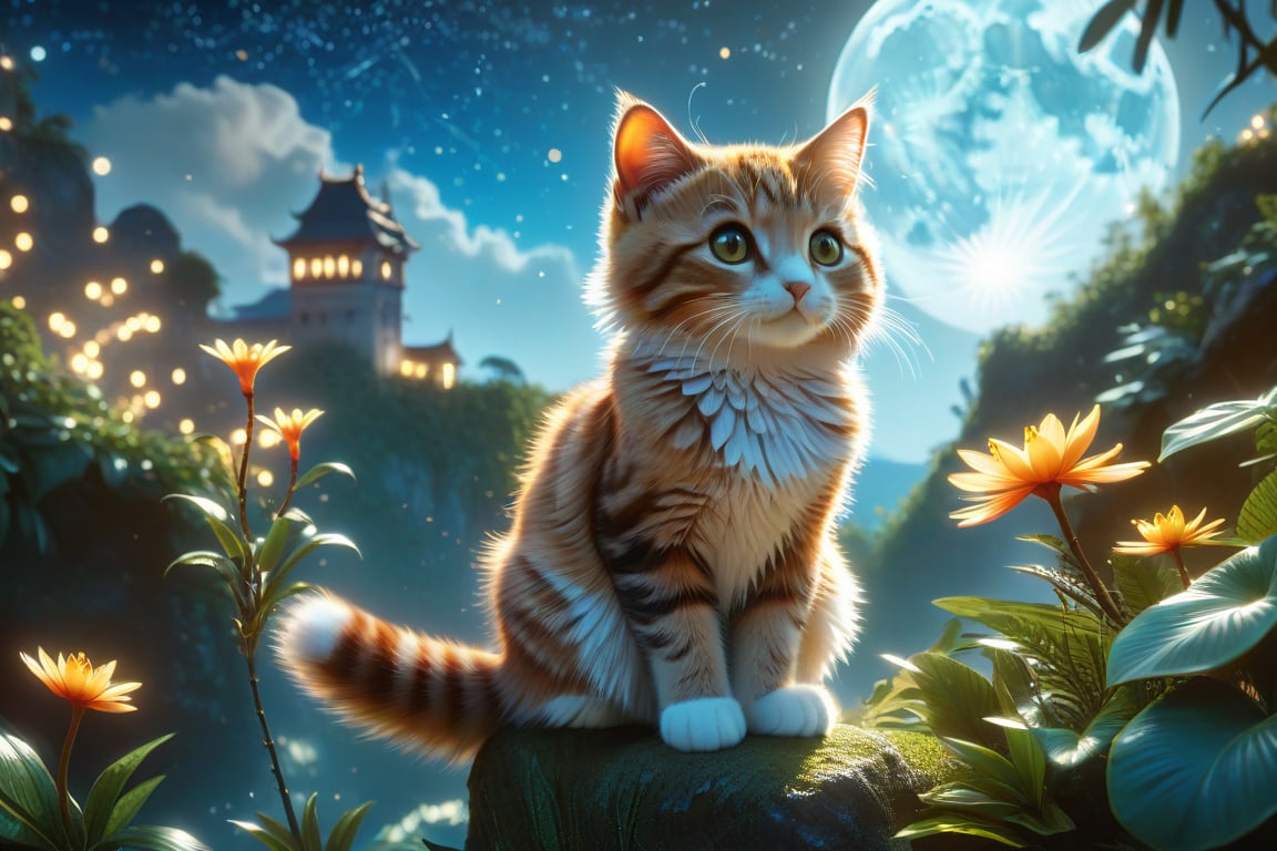 ((ultra ARTISTIC sketch)), (artistic sketch art), A cute cat portrait at night, fireflies, perfect jungle night view, full moon, glowing effects, shinning stars in the sky, best quality, masterpiece collection, rendered by Nvidia RTX, ray tracing, 24K UHD resolution, extremely high detailed art, mild waves, tropical flowers behind, insanely detailed, high resolution mysterious, Breathtaking VieW, Jean-Baptiste Monge, Kukharskiy Igor, Thomas wells schaller style, magical scenery, Nazar Noschenko Modifiers: dof trending on cgsociety fantastic view ultra detailed 4K 3D whimsical Storybook beautifully lit etheral Quirky Exquisite highly intricate stunning color depth outstanding cute illustration cuteaesthetic Boris Vallejo style shadow play The mood is Mysterious and Spellbinding, with a sense of otherworldliness, macro photography style LEONARDO DIFFUSION XL STYLE