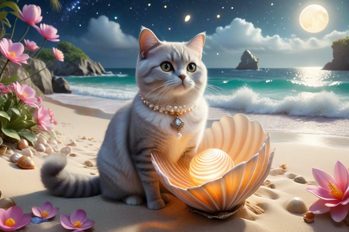 we see the DETAILED enchanted lovely terrace on the beach with great view to the sea night time, DETAILED ELEGANT BRITISH SHORTHAIR CAT sitting on the beach next to an enchanted flower and an opened shell with pearl inside, airborne dust particles around. Modifiers: Unreal Engine, magical, Coby Whitmore, midjourney, Astounding, outstanding, otherwordliness, cute illustration, cuteaesthetic, Coby Whitmore style, highly intricate, whimsical, 4K 3D, stunning color depth, cute illustration, Coby Whitmore ART style

