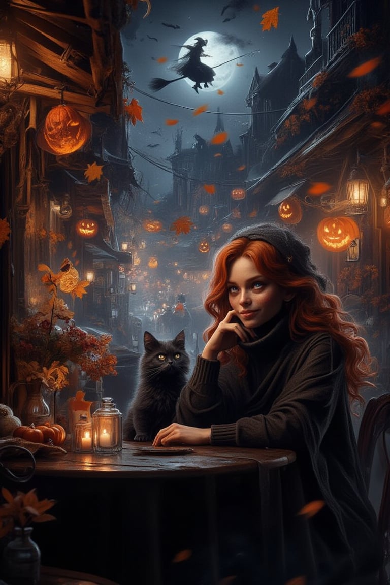 From the street, we see a beautiful girl (in a turtleneck pullover) In this magically sweet portrait, a cute young girl with soft, long wavy reddish hair, deep blue eyes, smiles gently and mysteriously, sitting at a table in a restaurant, her gaze directed at the rainy street outside, fluffy black cat sitting with her . Colorful autumn leaves swirl in the wind, and the street is glowing with magical Halloween twilight lights. The antique-style street is decked out in spooky Halloween decorations, adding an eerie yet festive vibe to the scene. The girl’s stillness contrasts with the enchanting, lively magical Halloween atmosphere outside. The portrait radiates innocence and warmth, capturing a moment of pure sweetness. fantasy, magical, neat illustration, UHD. Modifiers:Pino Daeni etheral otherwordliness LEONARDO DIFFUSION XL STYLE, crisp quality,, A witch on a broomstick flies gracefully above the street.