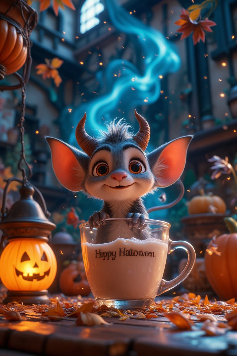 
A close-up picture of a sitting on a glass cup rim, adorable tiny creature with big ears, fluffy fur, and two little horns, resembling a devil in the sweetest way. Its forked tail curls playfully, and its short legs just touch the surface of the drink, which is transparent like milk smog, with a azure blue-tinged mist swirling high above it. Beside the glass, a decorative miniature Halloween pumpkin lantern glows softly on the Halloween decorated table, casting a warm light on the creature and the cup and adding a festive, magical atmosphere to the scene.  the cup labelled with the text "Happy Halloween!" The open air is filled with dust particles that twinkles in the starry moonlight, creating a magical ambiance. The creature’s fur is exquisitely detailed, and its playful nature is evident as it seems captivated . The overall scene is whimsical, serene, and full of enchantment.