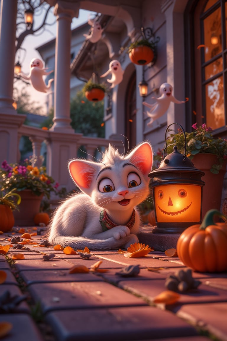 A cozy, white kitten snoozes curled up on the white porch, surrounded by Halloween decorations in the misty light of the setting sun. A jack-o'-lantern pumpkin lantern nearby casts a warm glow, illuminating the porch floor and making the dust particles dance in the air. The tips of the kitten’s soft fur sparkle gently in the moonlight, adding a touch of magic to this peaceful Halloween scene.  and a transparent little funny spirit float, swings above the lantern, completing the whimsical, enchanted scene.
