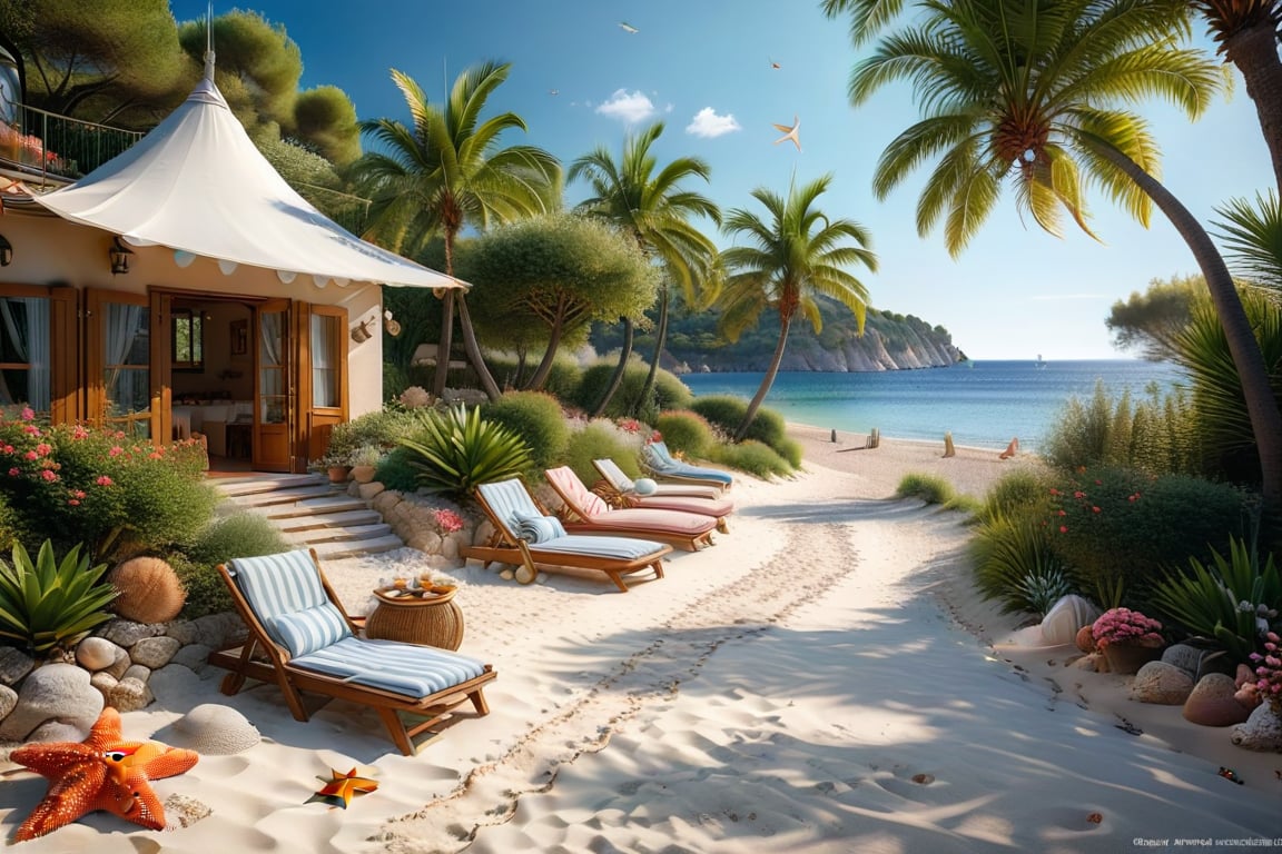 A serene NIzza beach scene unfolds before us. Little apartman house with terrace. Soft white sand stretches beneath the ge...
