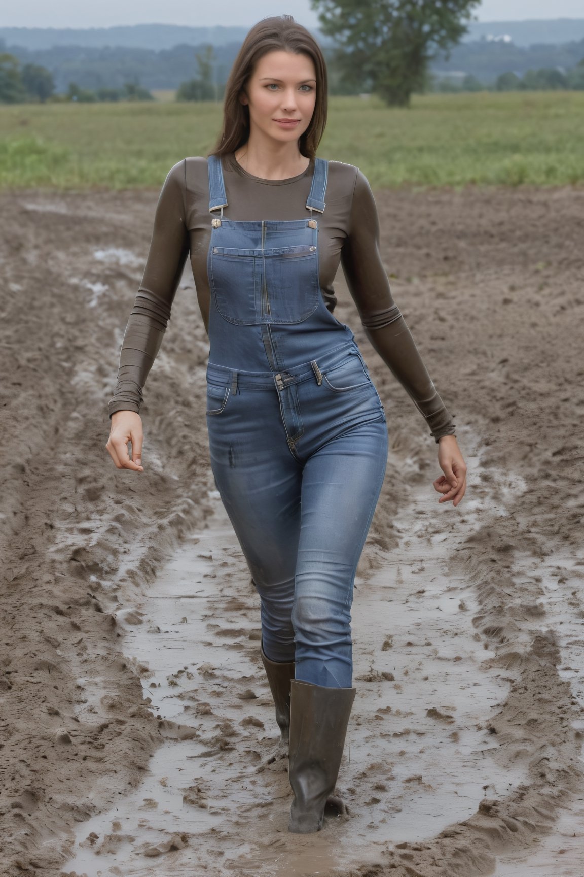 tall woman in very tight jeansoverall with muddy spots robbes in the mud in a deep mudpuddle getting totally muddy,  dirty...