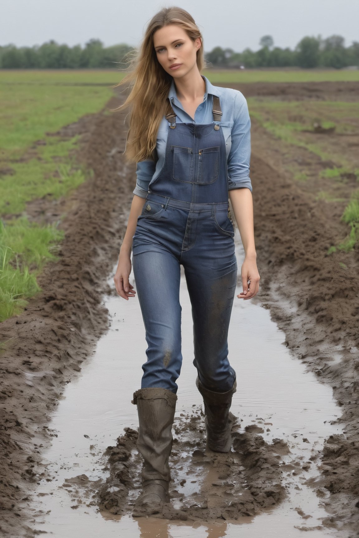 tall woman in muddy very tight jeansoverall lies flat in the mud in a deep mudpuddle getting totally muddy,  dirty clothes...