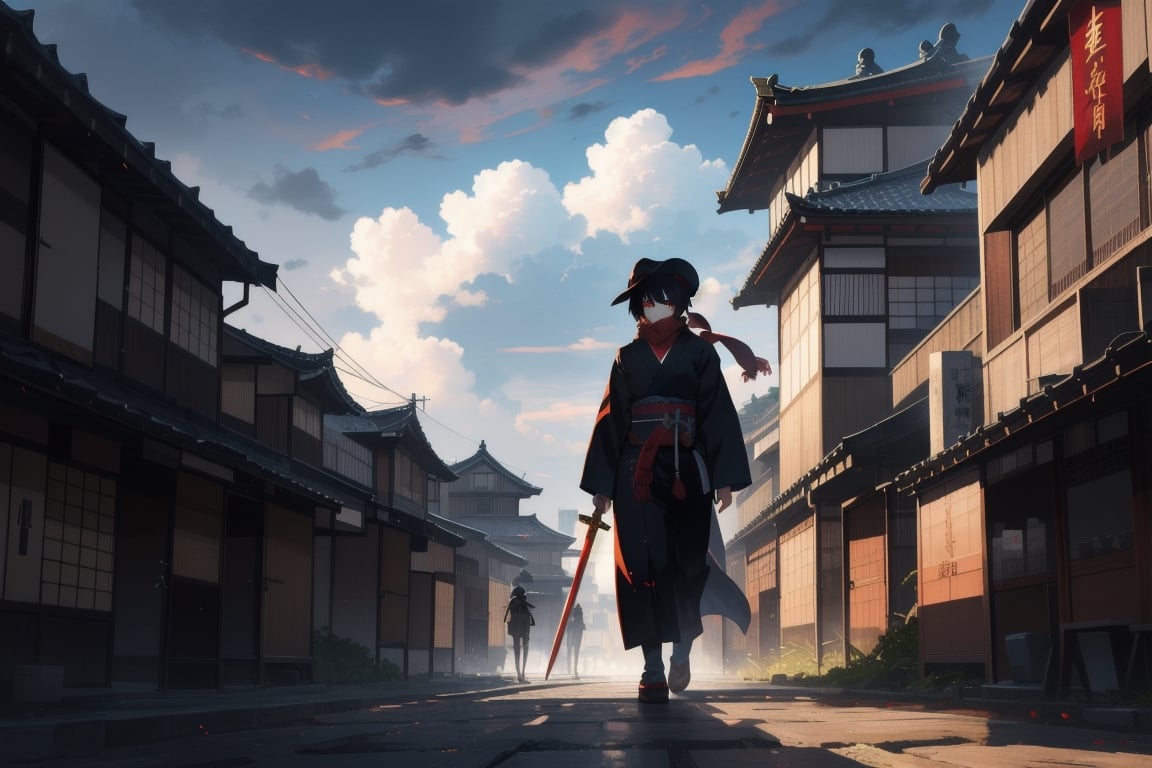 a shodow fight character with a chineese hat and scarf in the top of a bulding, cloudy wheather, dark backround, shadow, red eyes, red sword, japaneese building top