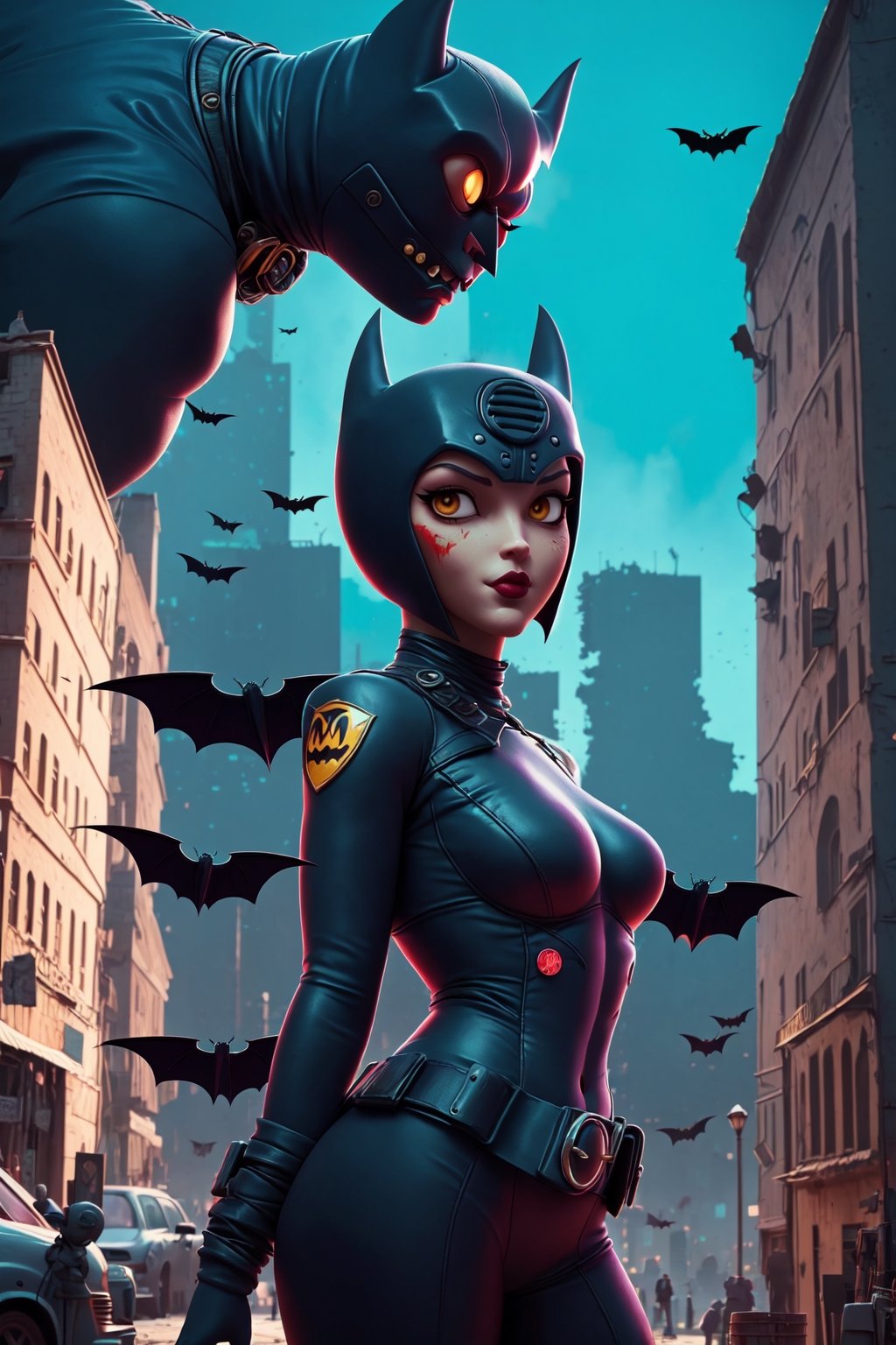 (((Bat-gir))), gothic city, detailed, spotlight, sexy and beautiful, detailed costume, by Sten Lee, pose, destroyed city, ((a monster in the background behind)), HD, Shader:1.00