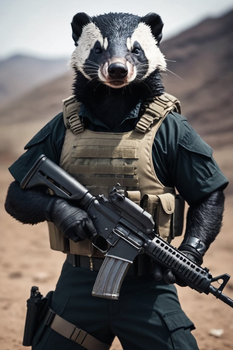 anthro (honey badger:1.1) | 
wearing military combat wear | war setting | perfect symmetry, fine detail, 
Weapon,
M16,
intricate, stunning, highly detailed, 
sharp focus, magical atmosphere, 
novel, fantastic, 
epic, cinematic, 
directed, full color, best, light