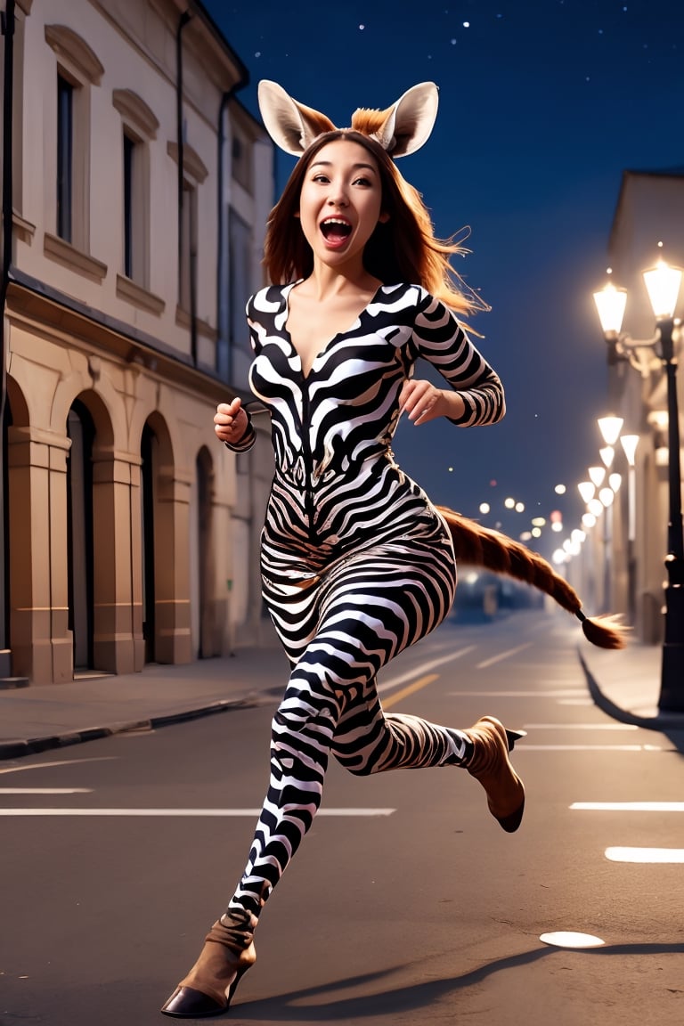 1girl,solo,long hair,
open mouth,
brown hair,
dress,
animal ears,tail,
night,
parody,
monster girl,
building,
running,
zebra ears, 
zebra girl,lamppost, 
zebra tail,street,hooves,1 girl