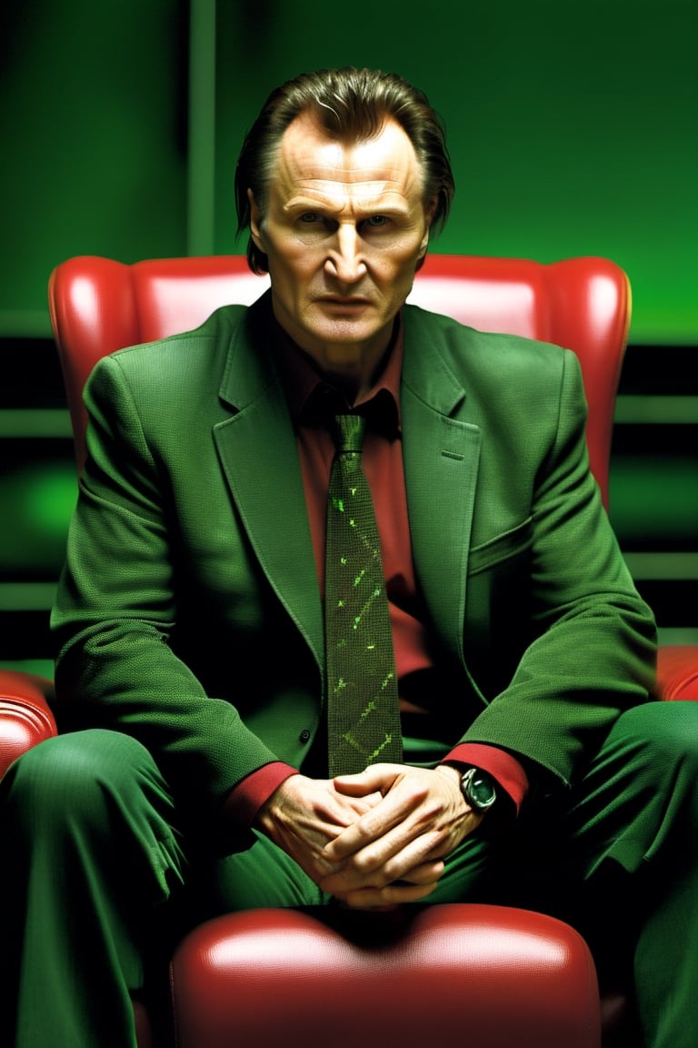 the matrix movie  , 
(masterpiece), 
(extremely intricate:1.3), 
(realistic),  
beautiful lighting, 
professional lighting, 
film grain,
portrait of (Liam Neeson) as morpheus ,
Full body shot,
male focus, 
solo, realistic, 
, looking at viewer, 
green eyes, blurry, 
Shamrock ☘️ logo,
Light skin, formal, 
shirt, closed mouth, 
necktie, ((red chair)) ,
Irish theme,
Red apple 🍎 and green apple 🍏 ,
On a plate,
,
,food ,more detail XL