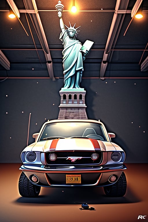 a yollow RC car, 
(Ford mustang) ,
The statue of Liberty in background, 
Studio lighting for a cinematic look, 
Dynamic and photo-realistic, 
Capturing the RC car in real-life detail.