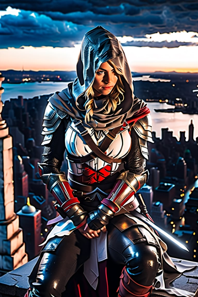 One girl, 
((assassin Creed)), 
hoody, white armor, 
New York city, 
neon lights, on top of a tower, 
crouching on top of a tower, 
aerial view of liberty island , 
((The statue of Liberty visible in background)) ,
|((wet surfaces)), 
rain, lightning, 
sparks, senset ,|
(Masterpiece, highly detailed, extremely detailed, beautiful, HD), 
(extremely clear CG unity 8k wallpaper, masterpiece, best quality, 
ultra-detailed, best shadow), 
(Detailed background), 
Movie Still, Film Still, mecha,more detail XL