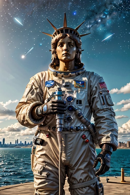 (best quality, 4k, 8k, highres, masterpiece:1.2), ultra-detailed, (realistic, photorealistic, photo-realistic:1.37), 
solo,gloves,standing,helmet,star (sky),
1other,rock,space,
planet,spacesuit,
space helmet,
The statue of Liberty in background ,
astronaut