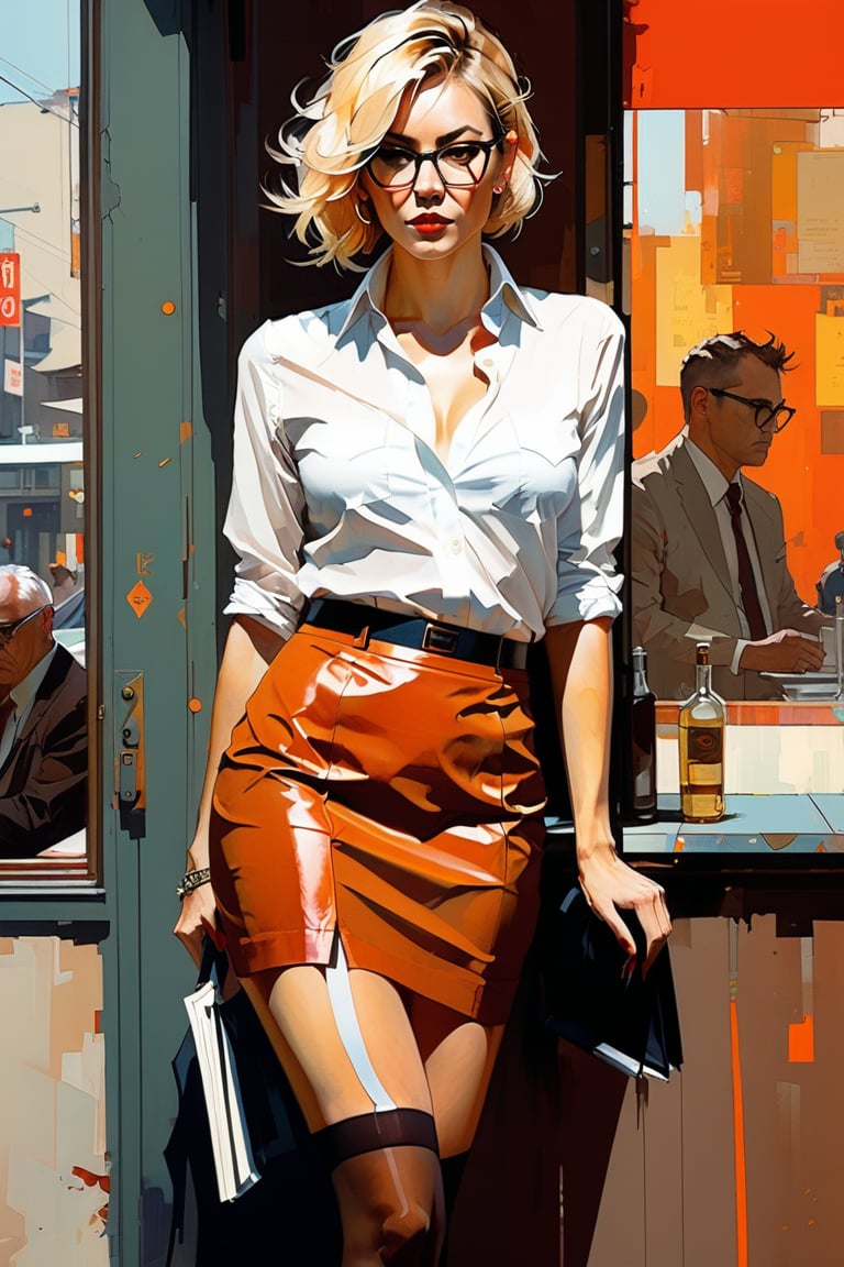 Character design by Kaethe Butcher, backdrop by Greg Tocchini, blonde beautiful woman, 50-year-old, wearing bussine fit skirt, see-through thighhighs, smoking, glasses, impasto oil painting, heavy strokes, textured, rich layered deep colors, brown, orange and red hues, rusty shades, inspired by Jeremy Mann, Carne Griffiths, Robert oxley, makoto shinkai jamie wyeth james gilleard edward hopper greg rutkowski