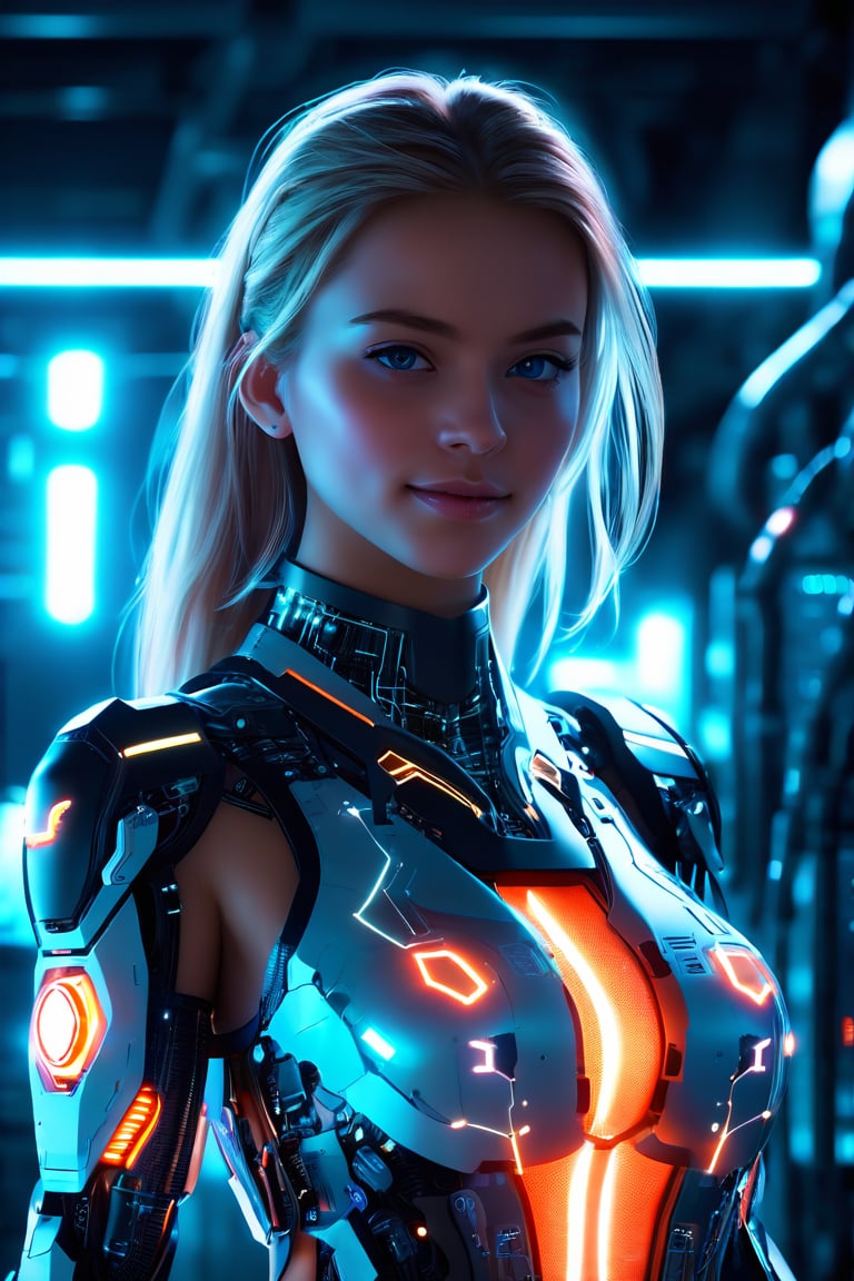 A futuristic, cinematic close-up of a female android with a transparent, illuminated body, showcasing intricate mechanical and glowing circuitry. The android has a serious expression, and her blonde hair is styled loosely. The scene is set in a dark, industrial environment with cool blue and orange lighting, emphasizing the glowing inner components and the high-tech, cybernetic design.