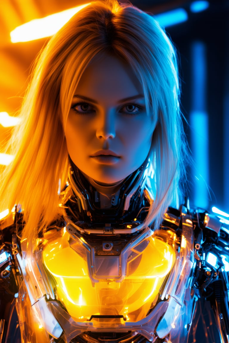 A futuristic, cinematic close-up of a female android with a transparent, illuminated body, showcasing intricate mechanical and glowing circuitry. The android has a serious expression, and her blonde hair is styled loosely. The scene is set in a dark, industrial environment with cool blue and orange lighting, emphasizing the glowing inner components and the high-tech, cybernetic design.