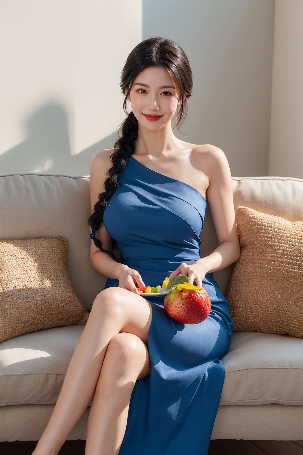 1girl, solo,big breasts,long hair, looking at viewer, smile, black hair, dress, sitting, braid, food, lips, pillow, fruit, blue dress, crossed legs, hair over shoulder, plate