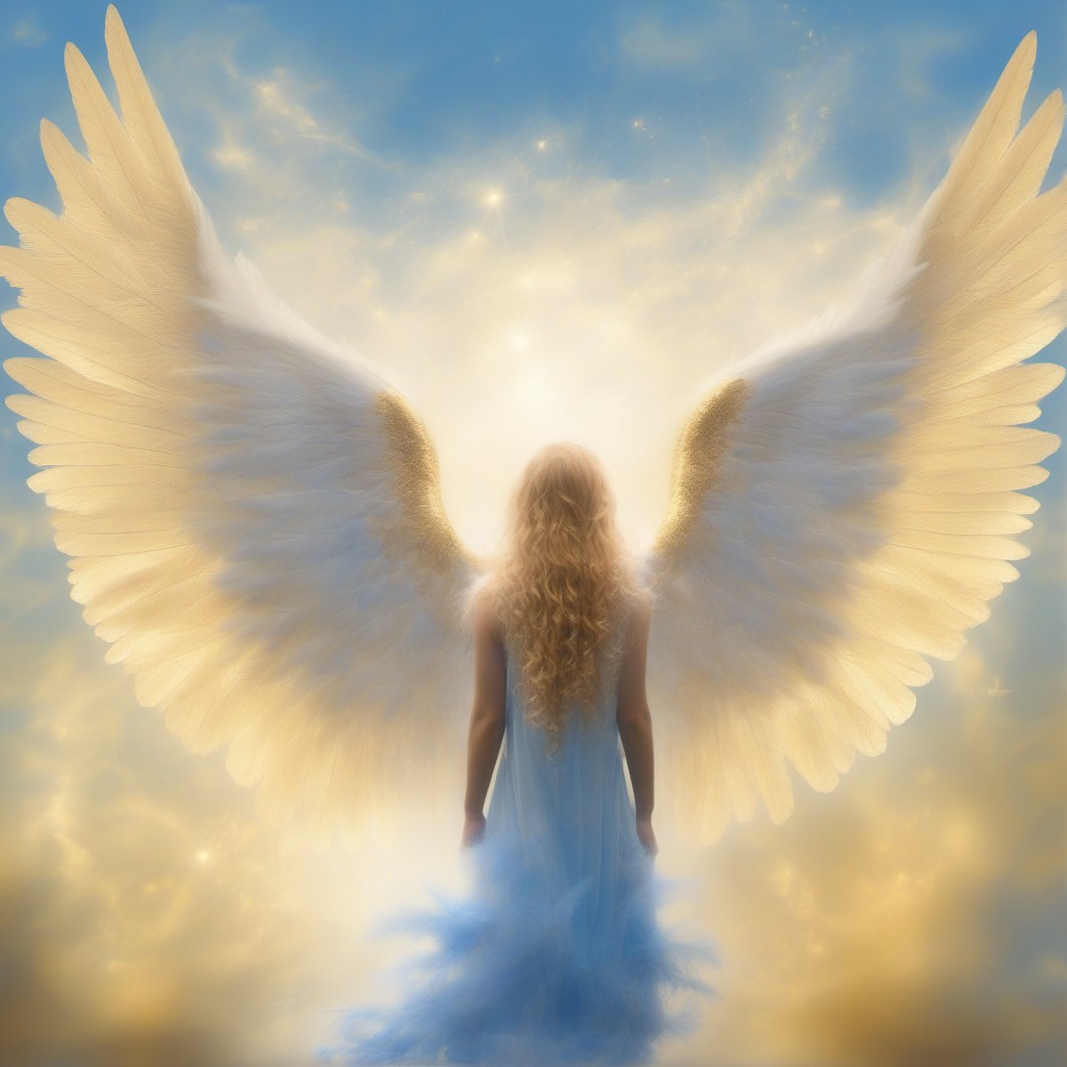 beautiful cherubim, feather wings, golden heaven, blue sky, mist, biblically accurate angel, biblaccurang, masterpiece, bokeh, realistic, detailed