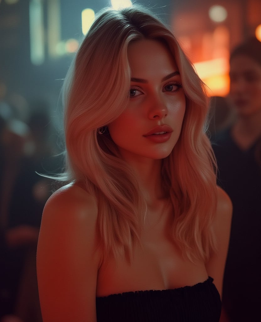 portrait photograph of a cute beautiful british girl dancing at a nighclub in London, crowded, highly detailed,pale skin, classy girl, wealthy girl, muted color tones, soft cinematic light,natural straight hair,blonde hair,medium hair, tender smile,high contrast, no make-up,masterpiece,dramatic lighting,ultra realistic,colorful,depth of field,bokeh,cinematic,wide angle,((Pale skin),perfect fit body, 32D, (striking violet eyes:1.3),faded film, desaturated, 50mm portrait, grainy, vignette, vintage, Kodachrome, Lomography, stained, highly detailed,found footage, 22 years, innocent face,perfect eyes, black strapless thigh slit dress, 1.73 in height, 58 kg