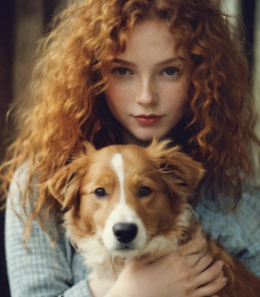 analog film photo of a cute beautiful ginger curly Hair girl with a long red hair Kissing a dog(Pale skin), perfect nipples,charme smile,perfect fit body, C breast,hazelnut eyes,faded film, desaturated, 35mm photo, grainy, vignette, vintage, Kodachrome, Lomography, stained, highly detailed, found footage, 21 years, innocent face