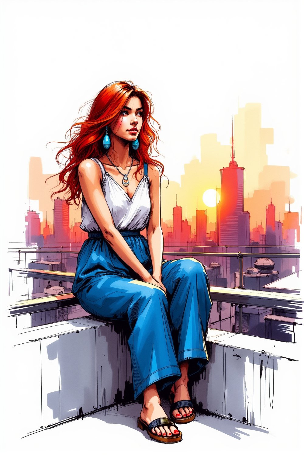 A full-body portrait of a young woman with long,  wavy red hair,  sitting on a rooftop in a futuristic cityscape at sunset...