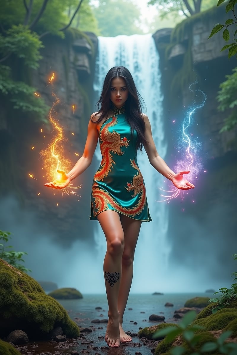 Vibrant fantasy airbrush full body action portrait. Front view of a sorceress facing forward at viewer,  wearing a sleevel...