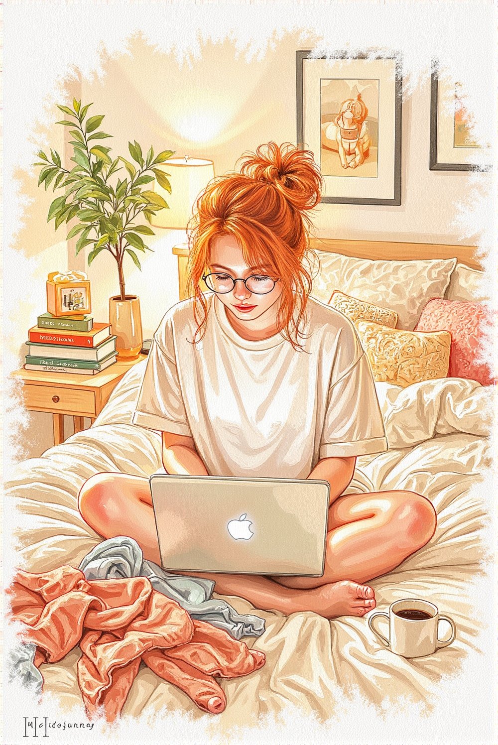A young woman with auburn hair in a loose updo and round wire-rim glasses,  sitting cross-legged on her bed,  typing on a...
