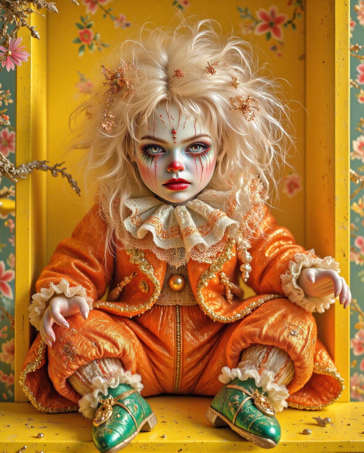 A hauntingly beautiful vintage porcelain doll, dressed as a clown, sits proudly on a bright yellow shelf. The doll's face is pale white, adorned with red lips and whimsical makeup, featuring stars around its eyes. Its curly, fluffy hair cascades down its back, contrasting with a frilly white and pink ruffled collar trimmed in gold lace. The doll's outfit includes an orange coat and matching pants, with green shoes embellished with lace and a small gold adornment. The vibrant yellow background is adorned with delicate floral patterns in pastel colors, creating a surreal, unsettling atmosphere. The doll's expression leans towards eerie, with a slightly tilted head and wide glassy blue eyes that capture an almost knowing look, making the viewer feel watched. The overall feeling is subtly disturbing but not overtly hostile.,Midjourney_Whisper,