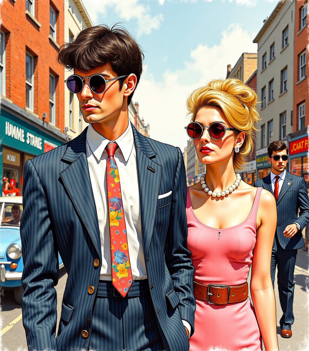 An impressionist ink drawing in loose brushstrokes, of 1960s London mod culture. A stylish young couple stroll down a bustling city street, exuding effortless charm and timeless glamour. The man has dark hair, fair skin, clean shaven with no facial hair, and his expression radiates arrogance.  He wears a striped blazer, white shirt, pastel-patterned tie, and ((tinted round wireframe glasses)). He has a slight sneer as he observes the scene. The woman has blond hair in an updo, dons a sleeveless pastel pink dress, pearl necklace, bold belt, and matching tinted glasses. The backdrop is a vibrant street filled with vintage cars and fellow fashionable individuals, creating an atmosphere that is nostalgic, lively, and utterly unforgettable.