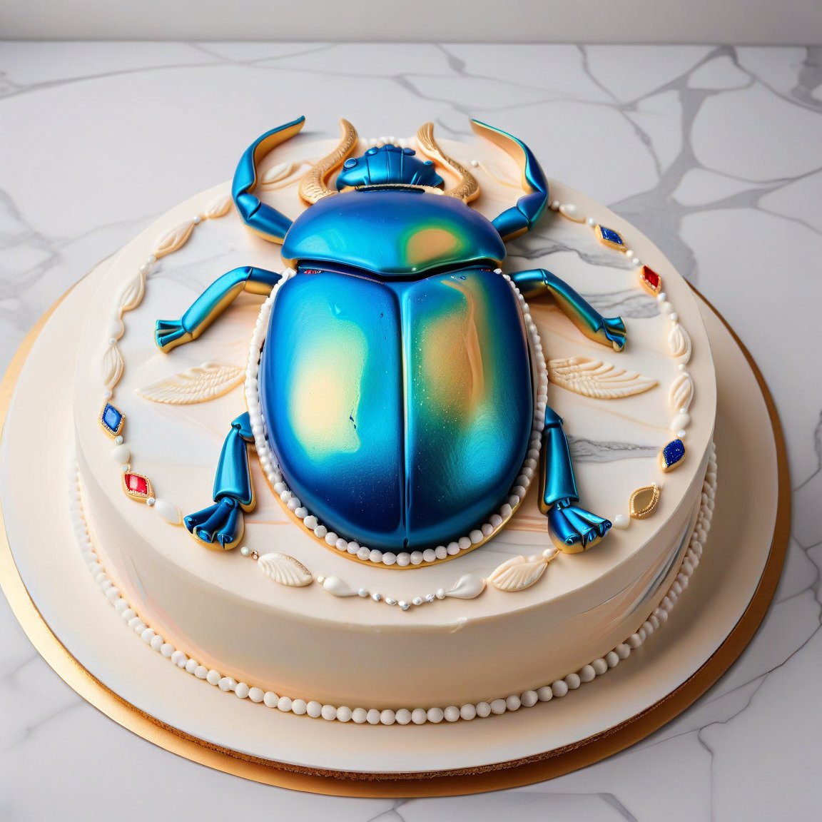 glossy, specular, oblique side view,
decorated buttercream oval cake sculpture in shape of iconic Egyptian scarab,  Scarabaeus sacer, six legs,  peach frosting with iridescent lapis lazuli, red and gold highlights, seamless rainbow iridescent paisley gold filigree, silver dragees, cake has a smooth, glossy surface, clear division down the middle of shell and six legs. scarab  on marble counter with subtle veining in shades of white and gray, opulent presentation