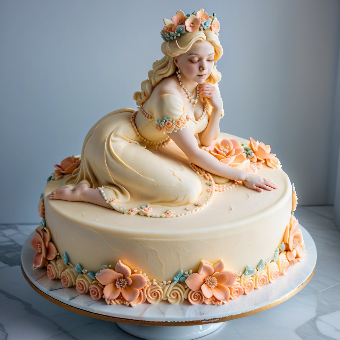 A buttercream cake sculpture full body closeup of a crouching woman, with hourglass figure, frosted with peach buttercream frosting, decorated in elaborate designs, displayed on a marble counter, there is buttercream frosting with iridescent gloss, sugar flowers, and piping,