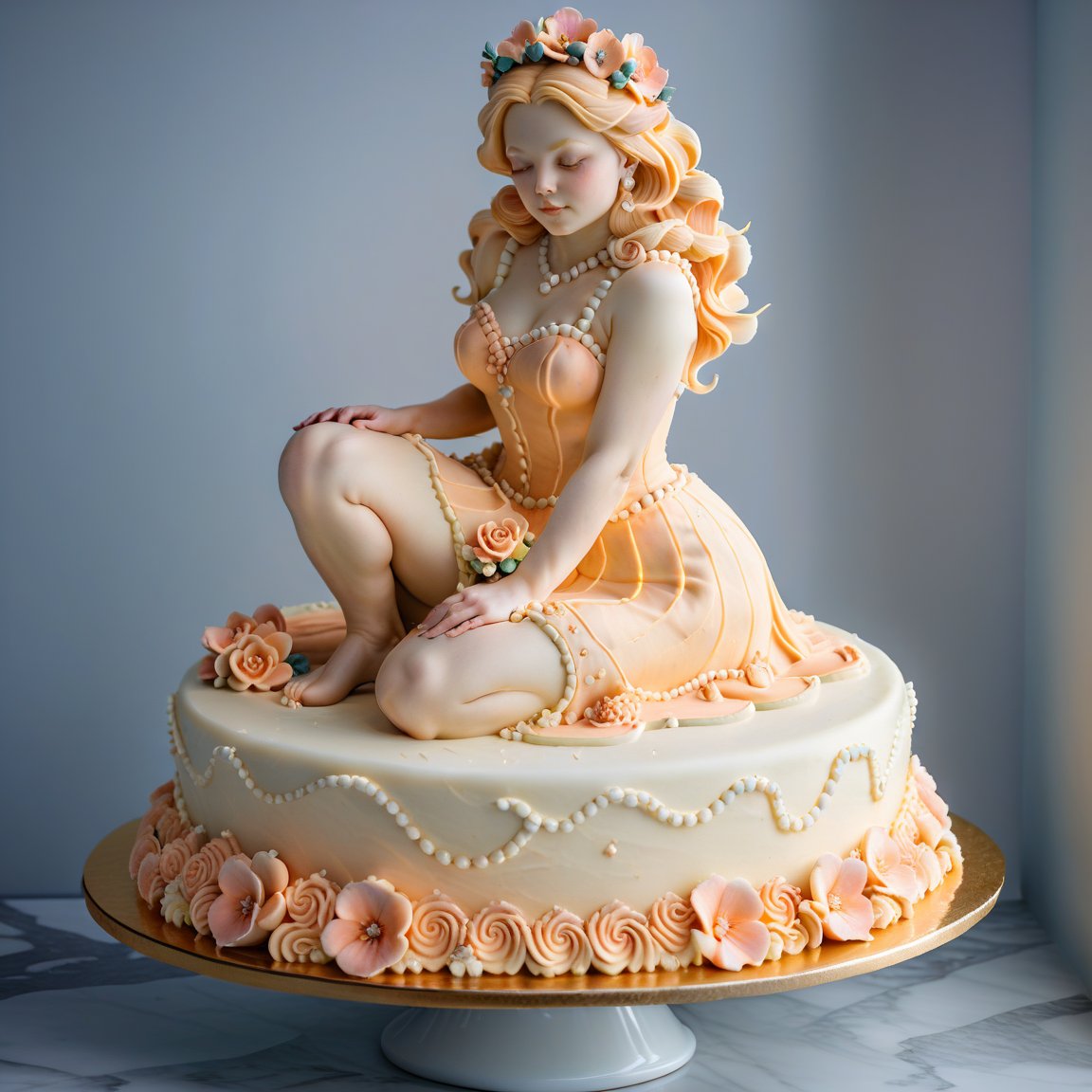 A buttercream cake sculpture full body closeup of a crouching woman, with hourglass figure, frosted with peach buttercream frosting, decorated in elaborate designs, displayed on a marble counter, there is buttercream frosting with iridescent gloss, sugar flowers, and piping,