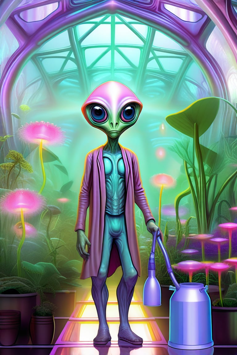 pastel by alex grey Interior of futuristic greenhouse with high ceilings,  short barefoot roswell gray alien wearing smock...