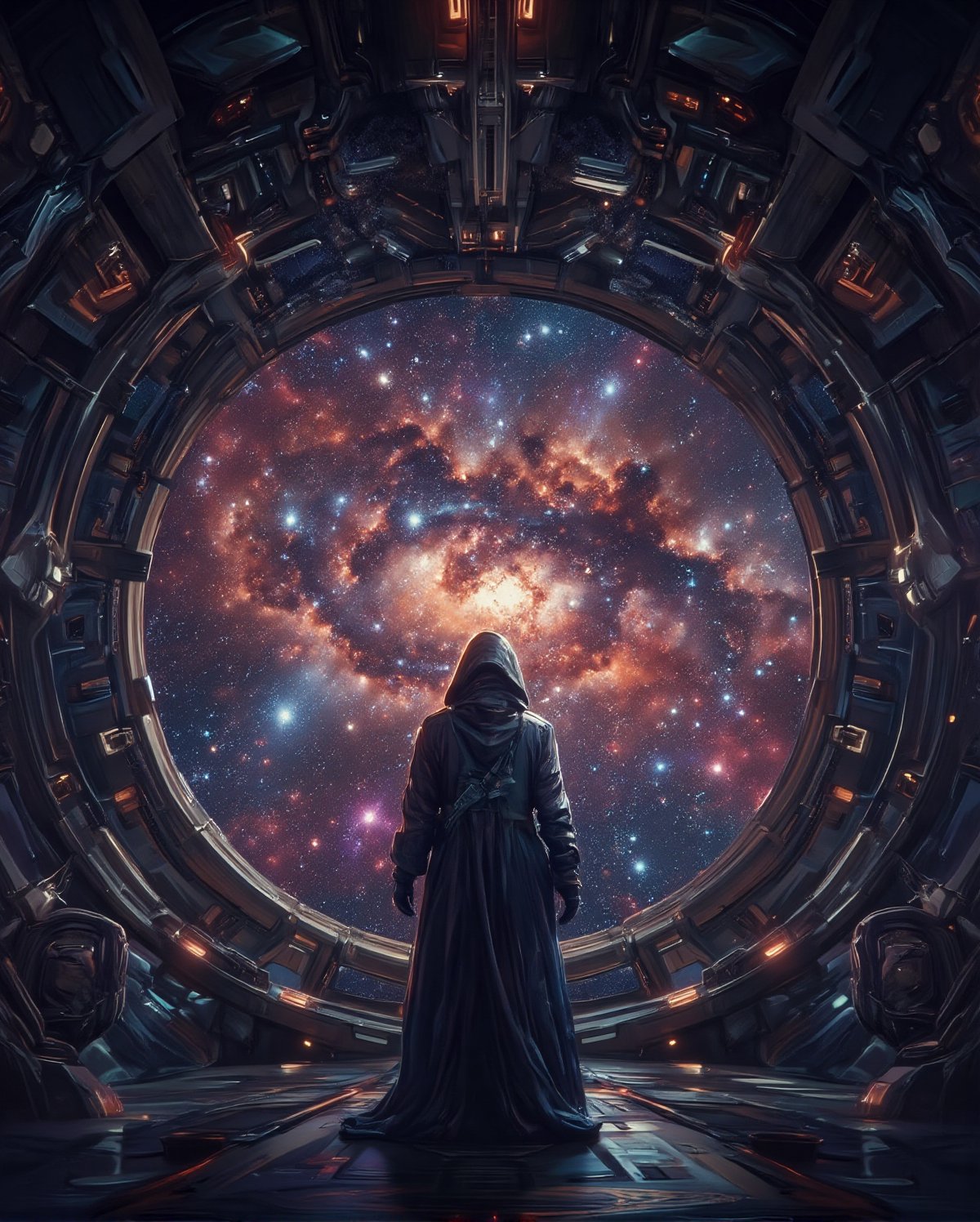 A cinematic shot of a lone figure standing in a futuristic starship observatory. The figure is clad in a dark robe and wears a hood, obscuring their face. They gaze out at a breathtaking cosmic view, with a sprawling nebula and countless stars. The observatory window reveals a vibrant nebula with swirling reds, blues, and golden hues. The dim lighting within the starship contrasts with the glowing brilliance of the universe outside. The atmosphere evokes a sense of wonder and solitude.,Midjourney_Whisper,Mecha