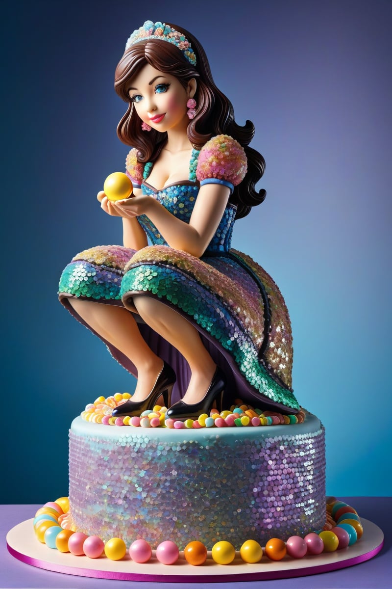 A cake sculpture of a crouching woman wearing a dress with candy sequins
