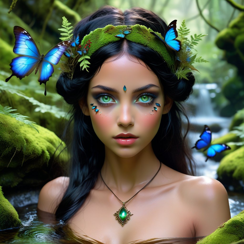 forest nymph emerging from a serene woodland stream head and shoulders, with deep black hair and intense green eyes, glowing eyes.  wearing garnet pendant. forehead adorned with a moss-covered headband, and delicate, vibrant blue butterflies rest gently in her hair. The background is lush and verdant, filled with large green leaves and moss-covered branches, suggesting a secluded, magical forest. The water around her is clear, enchanting,mythp0rt