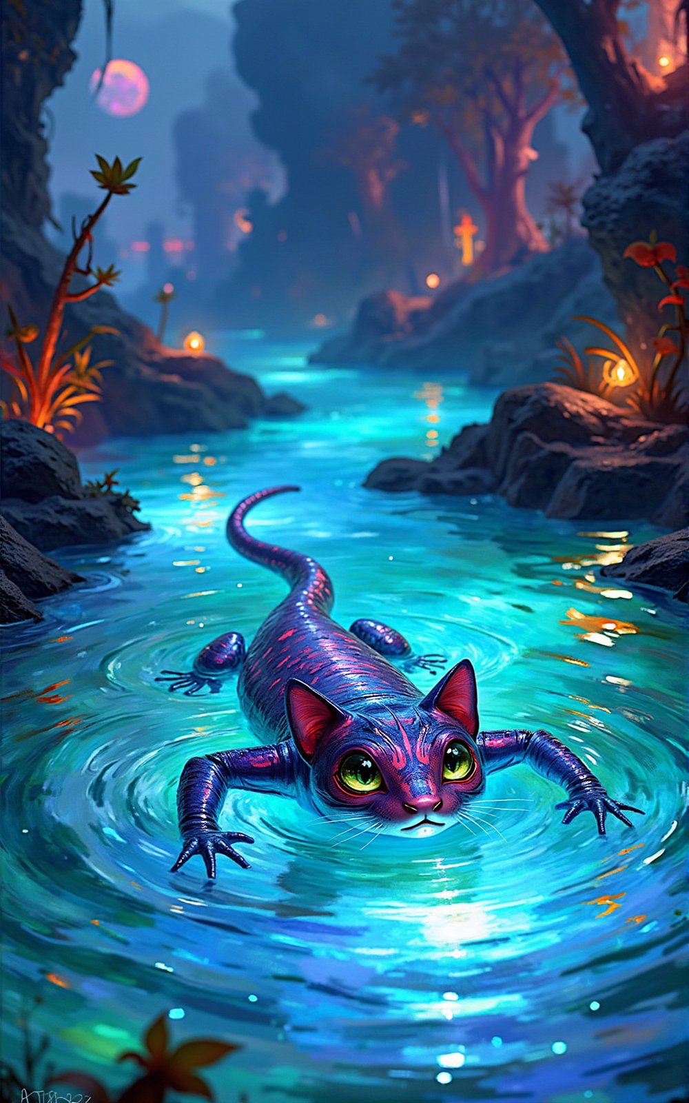 A mesmerizing depiction of a futuristic cat-like amphibian creature swimming gracefully in a glowing,  bioluminescent pool...